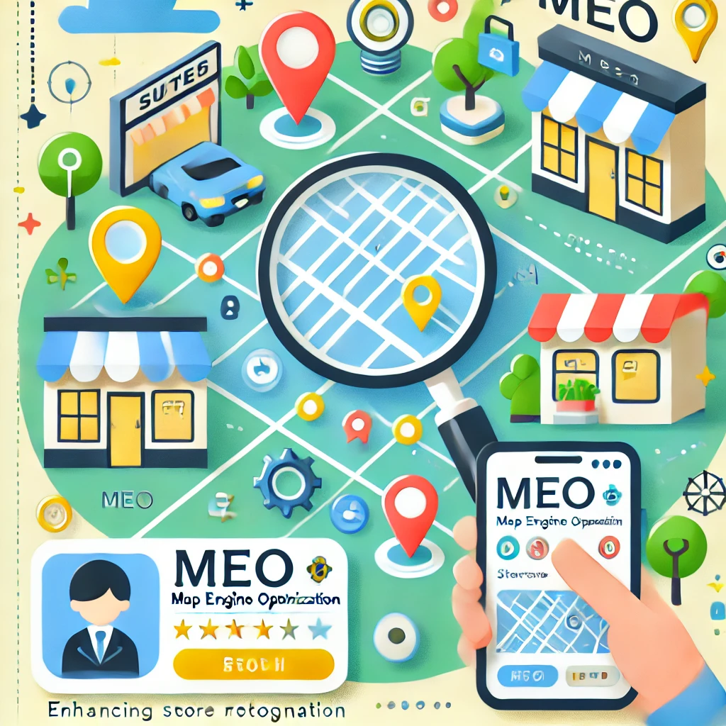 DALL·E 2024-11-28 19.03.05 - An attractive and professional illustration for a blog about MEO (Map Engine Optimization) and enhancing store recognition. The image should feature e